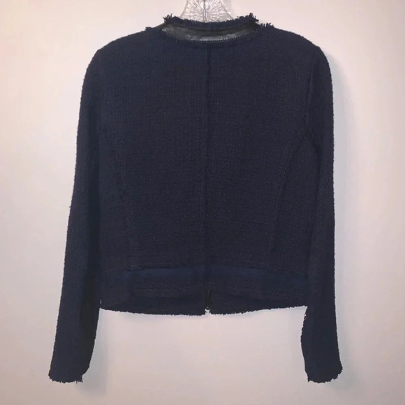 Rebecca Taylor *Navy Blue* Frayed Fringe Tweed Blazer Jacket Leather Accents 4 - Picture 5 of 15